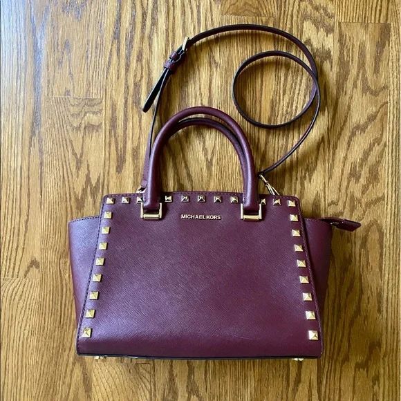 Michael Kors Studded Selma Medium Maroon Handbag - Picture 2 of 7